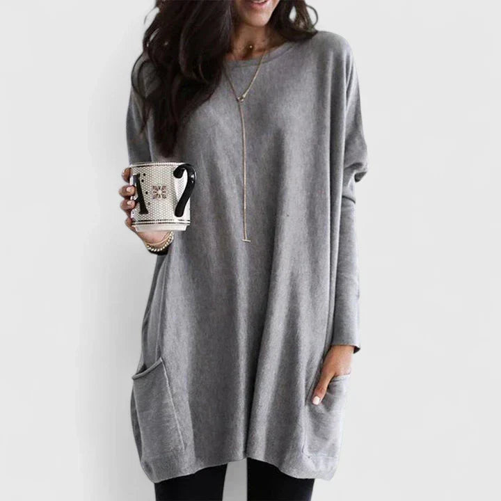 Damski sweter tunika w stylu longline – Luźny fason z długim rękawem i kieszeniami na co dzień