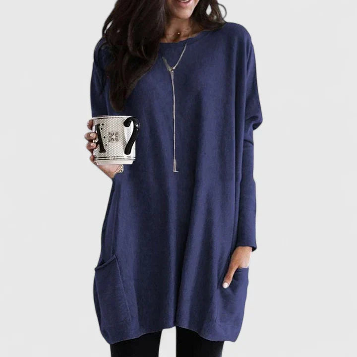 Damski sweter tunika w stylu longline – Luźny fason z długim rękawem i kieszeniami na co dzień