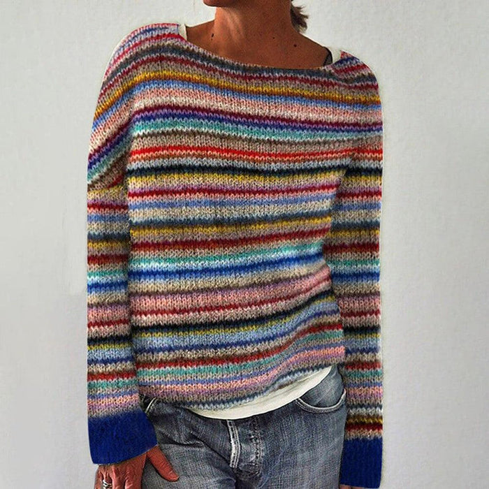 Damski Sweter w Paski z Okrągłym Dekoltem i Długim Rękawem