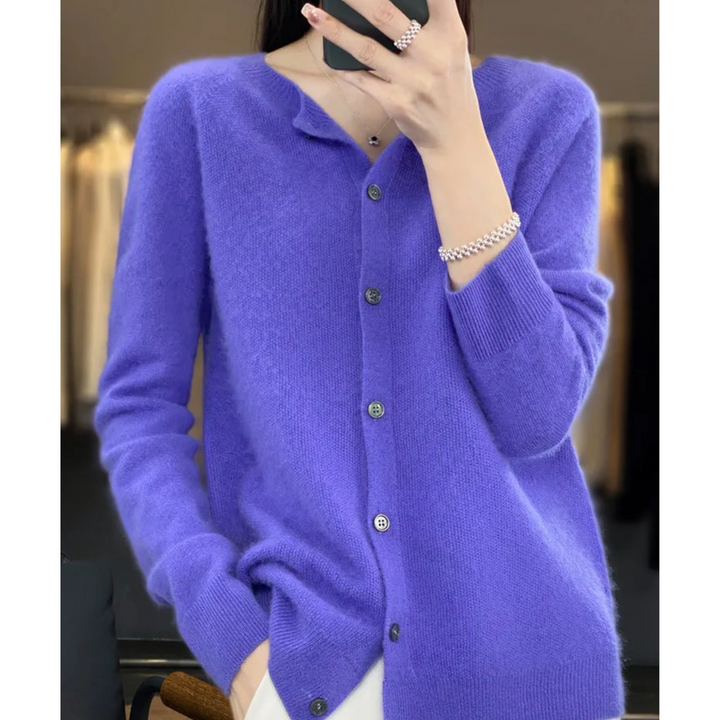 Luksusowy kardigan z wełny merino i kaszmiru dla kobiet – Elegancki sweter na zimę z okrągłym dekoltem