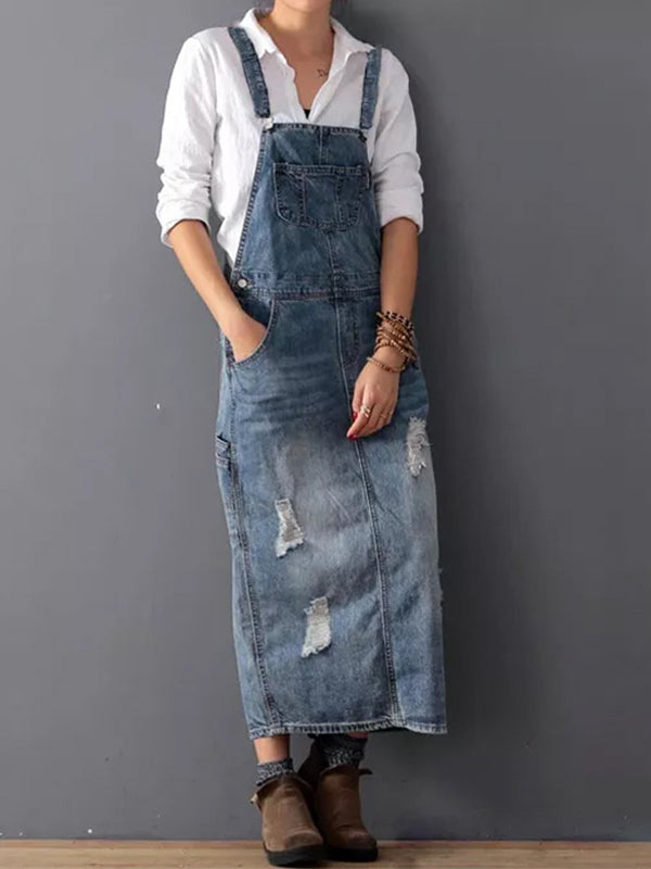Kobiece Dżinsowe Pinafore Maxi Sukienka z Kieszeniami