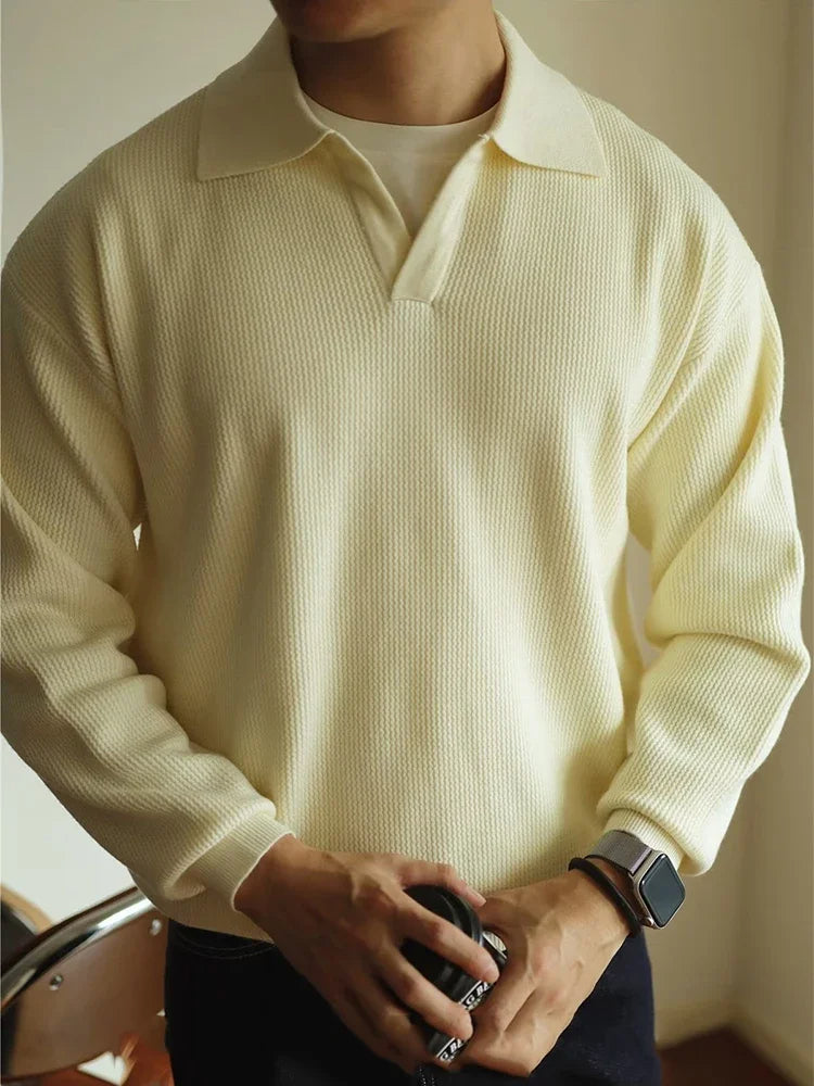 Męski sweter polo – elegancki, oddychający, wygodny, smart casual, z długim rękawem