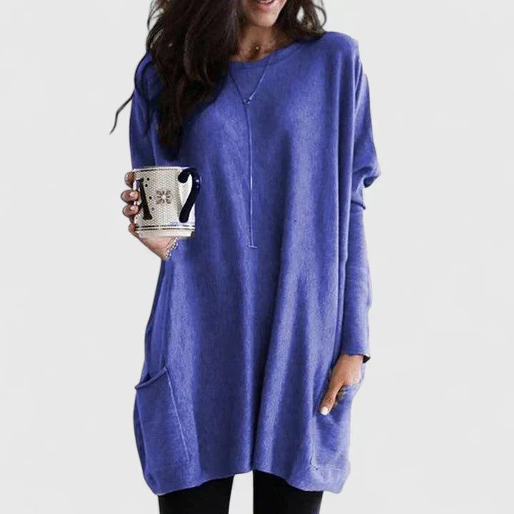 Damski sweter tunika w stylu longline – Luźny fason z długim rękawem i kieszeniami na co dzień
