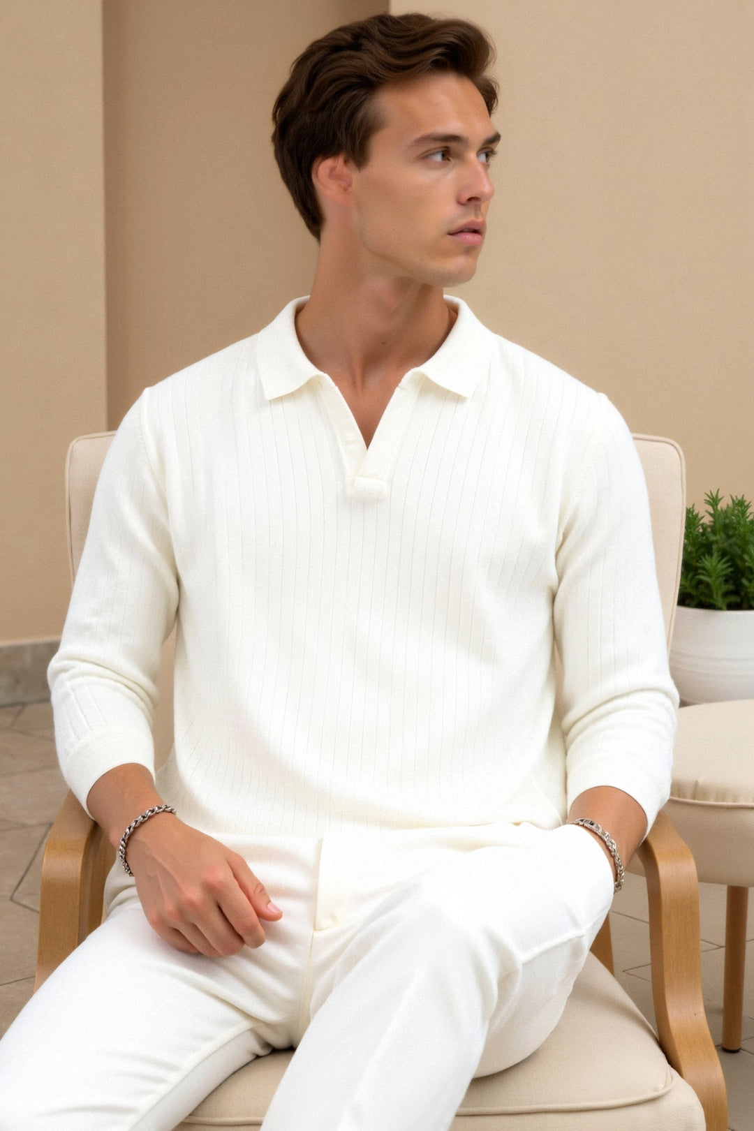 Męska koszulka polo z ribbowanej dzianiny, długi rękaw, smart casual