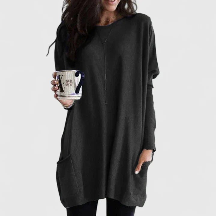 Damski sweter tunika w stylu longline – Luźny fason z długim rękawem i kieszeniami na co dzień