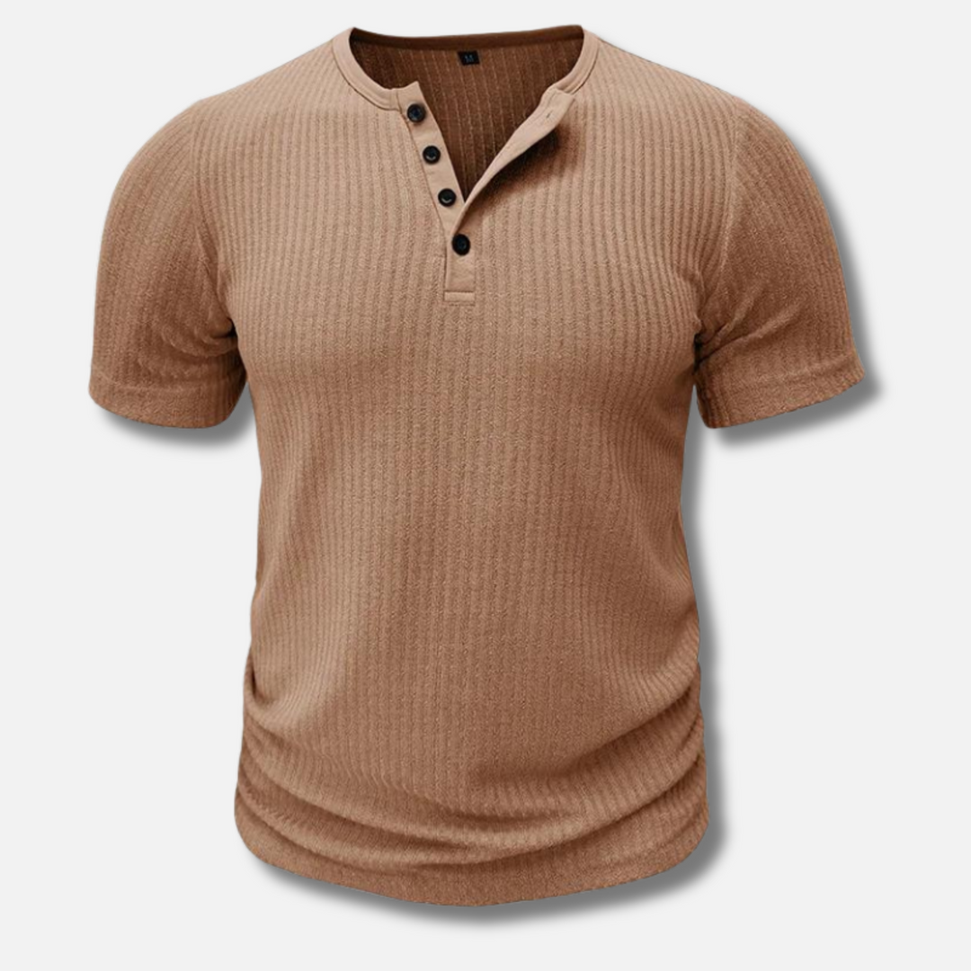 Męska koszulka Henley z krótkim rękawem w wąskim kroju z prążkowanej tkaniny