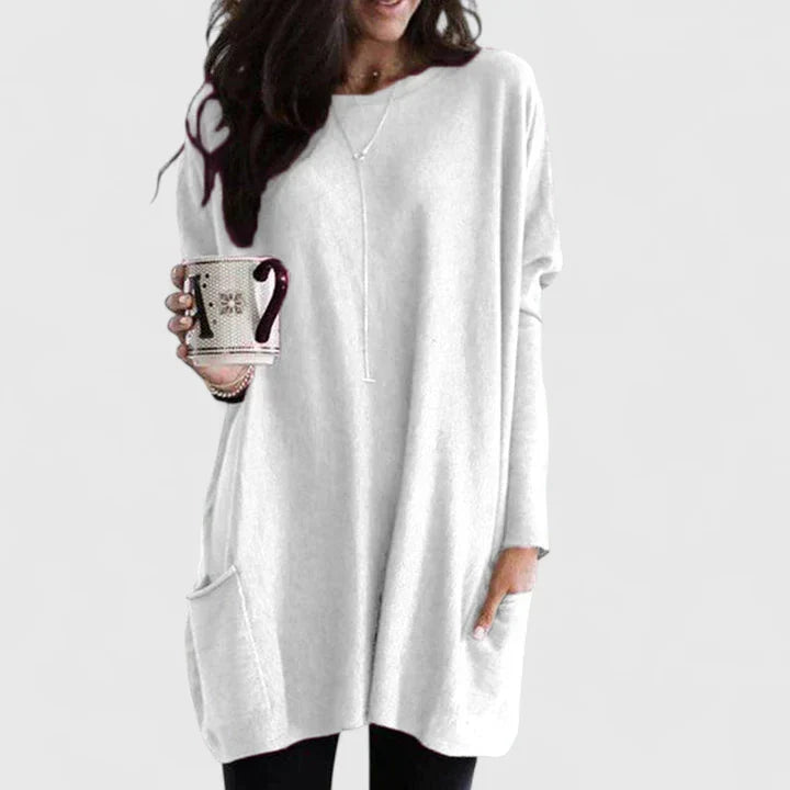 Damski sweter tunika w stylu longline – Luźny fason z długim rękawem i kieszeniami na co dzień