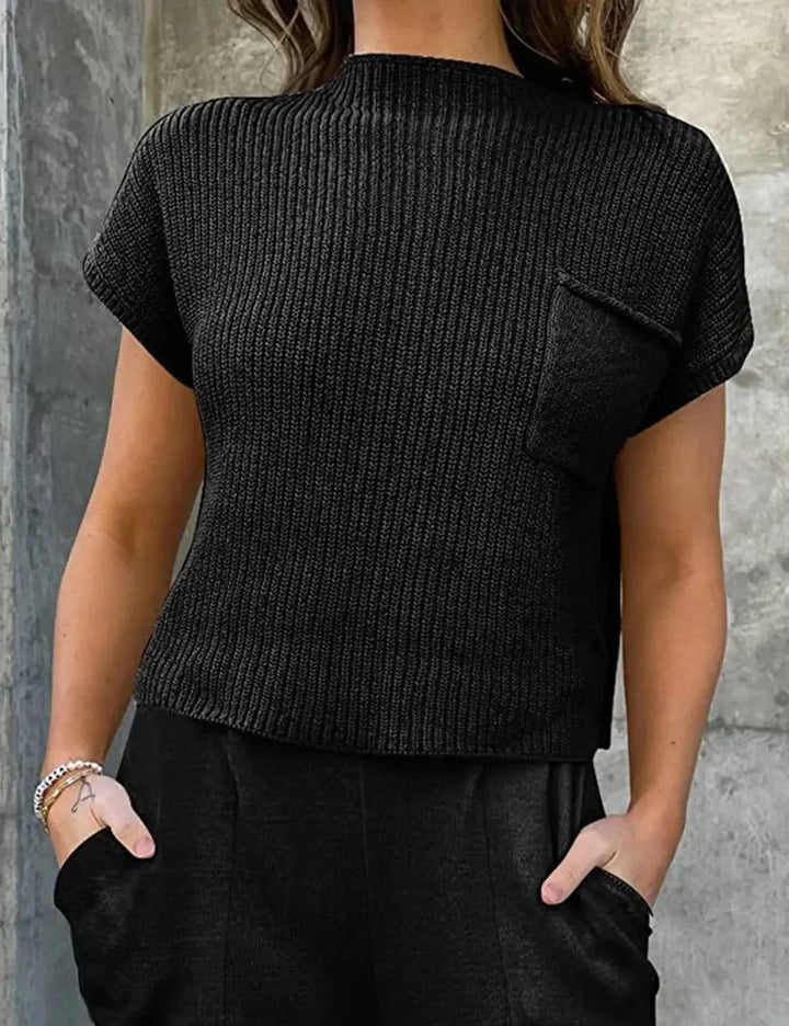 Damska dzianinowa bluzka z krótkim rękawem – Luźna bluzka z półgolfem do biura i codziennego noszenia