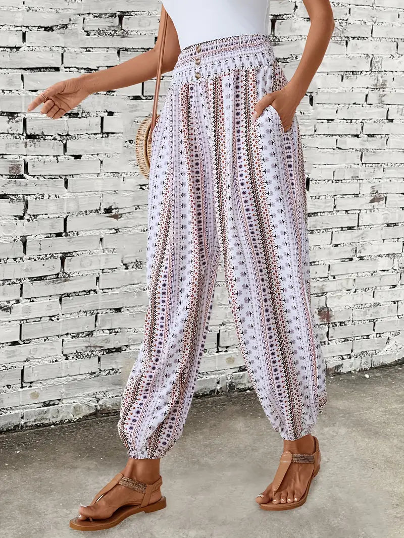 Damskie Spodnie Boho w Szerokie Nogawki z Elastyczną Talią, Lekkie Spodnie Letnie