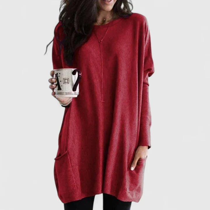 Damski sweter tunika w stylu longline – Luźny fason z długim rękawem i kieszeniami na co dzień