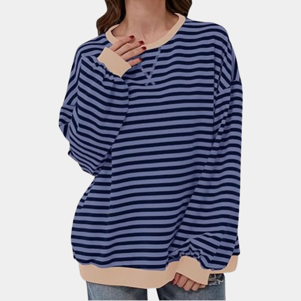 Damska Oversized Striped Long Sleeve T-Shirt Casual Relaxed Top