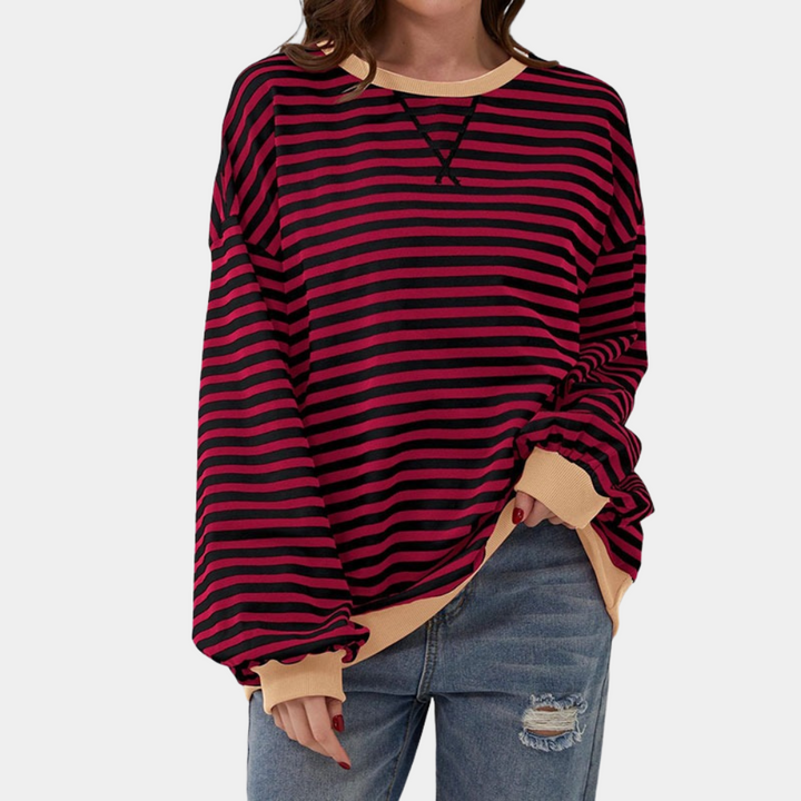 Damska Oversized Striped Long Sleeve T-Shirt Casual Relaxed Top