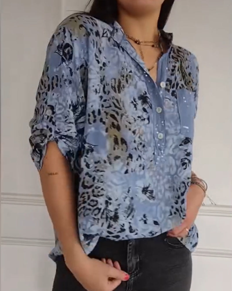 Bluzka damska z nadrukiem i cekinami – Luźna bluzka z rękawem 3/4 w stylu smart casual
