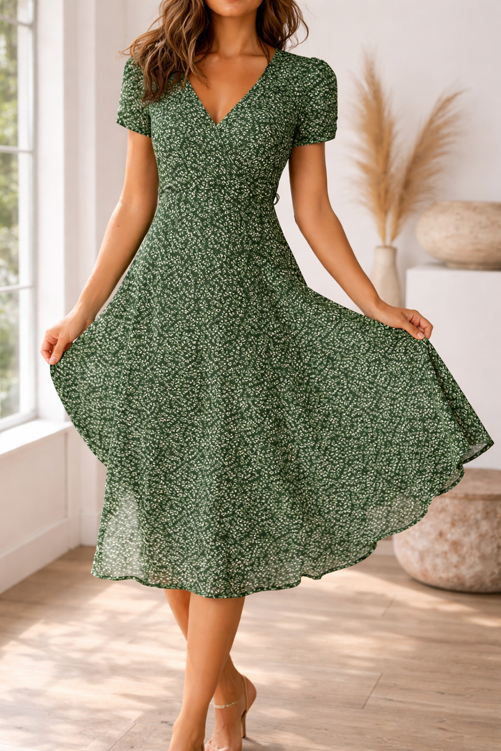 Kobiecą Sukienkę Midi z Wzorem w Dekolcie w Serek - Codzienna Elegancja