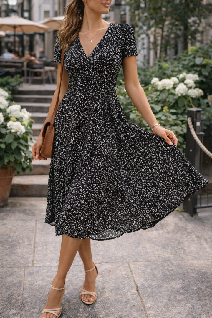 Kobiecą Sukienkę Midi z Wzorem w Dekolcie w Serek - Codzienna Elegancja