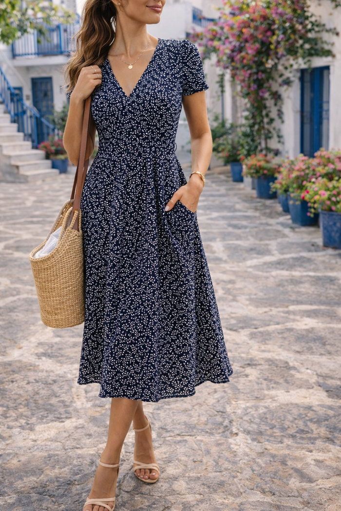 Kobiecą Sukienkę Midi z Wzorem w Dekolcie w Serek - Codzienna Elegancja