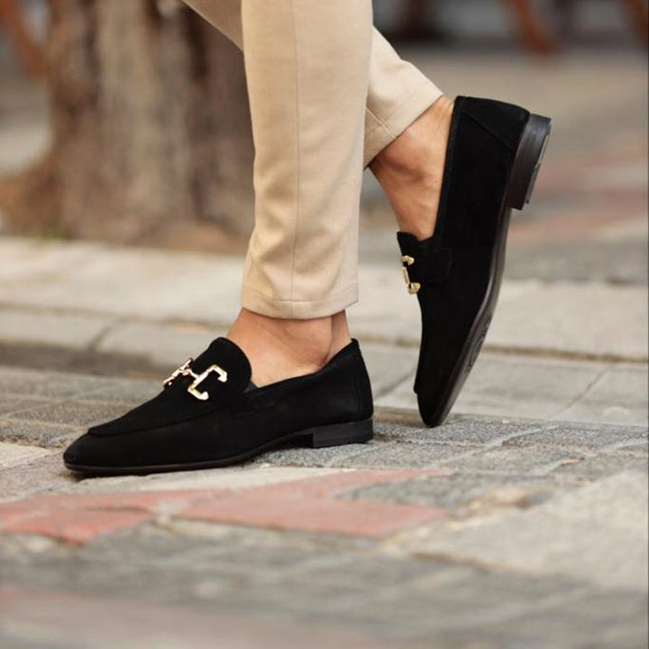 Męskie zamszowe loafersy z klamrą Horsebit eleganckie buty wsuwane