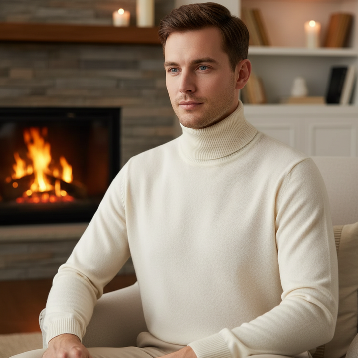 Męski sweter z cienkiej dzianiny z golfem i ribbowanym wykończeniem