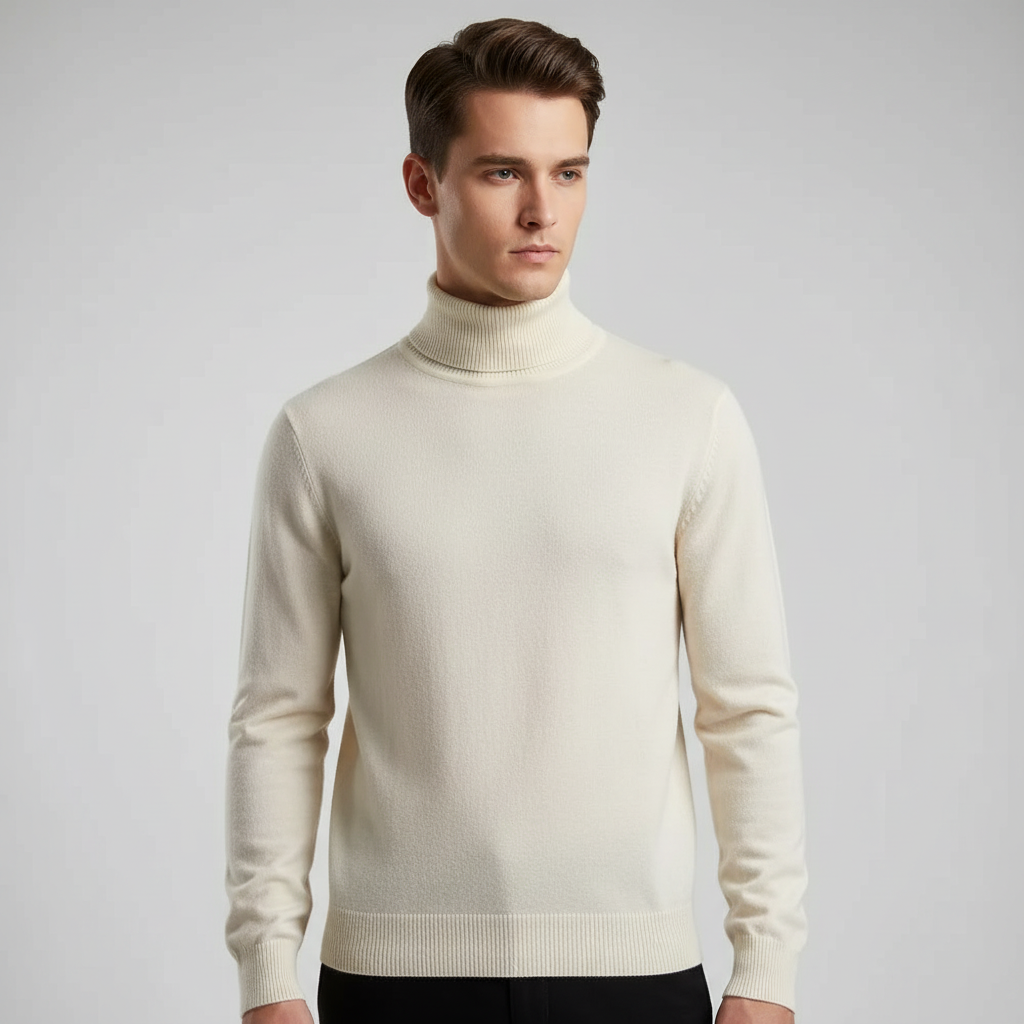 Męski sweter z cienkiej dzianiny z golfem i ribbowanym wykończeniem