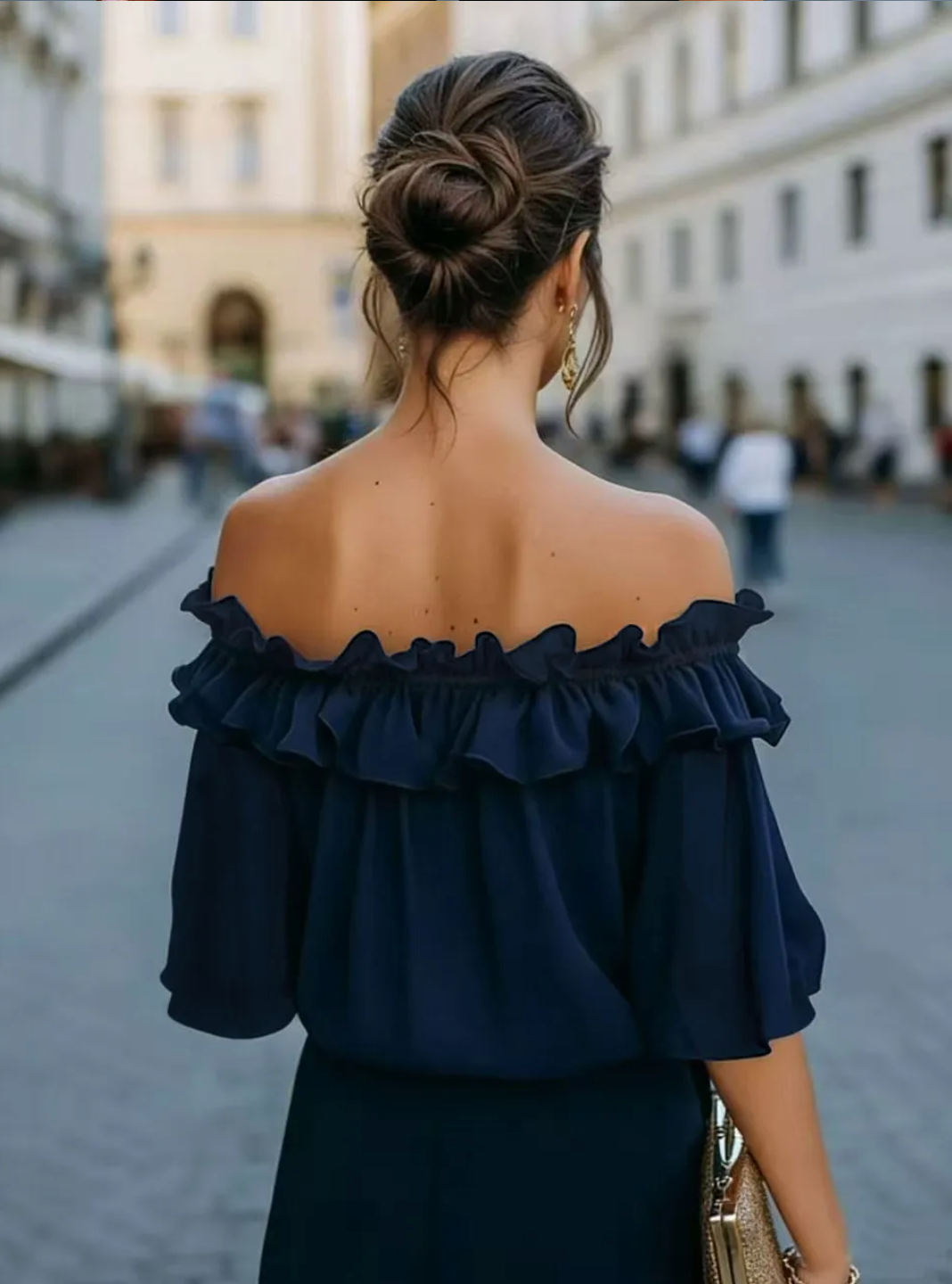 Damska bluzka off shoulder z falbanami, luźna, krótki rękaw