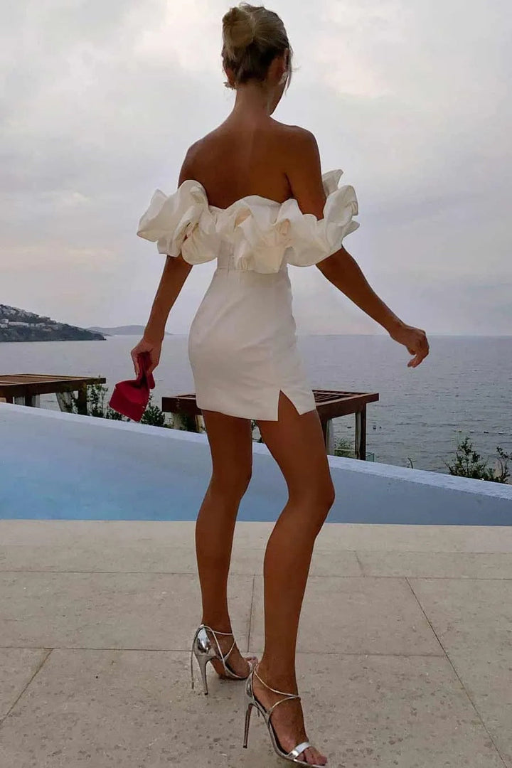 Damska Sukienka Mini Off Shoulder z Rękawem Ruffles