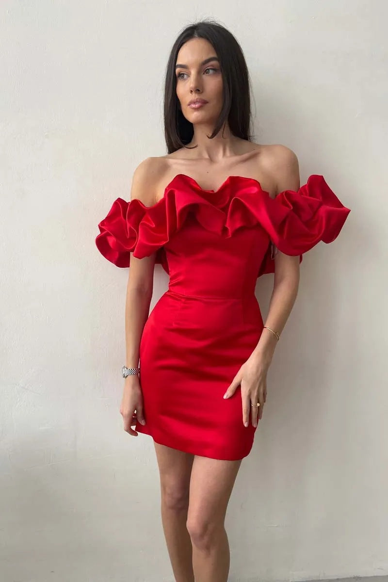 Damska Sukienka Mini Off Shoulder z Rękawem Ruffles