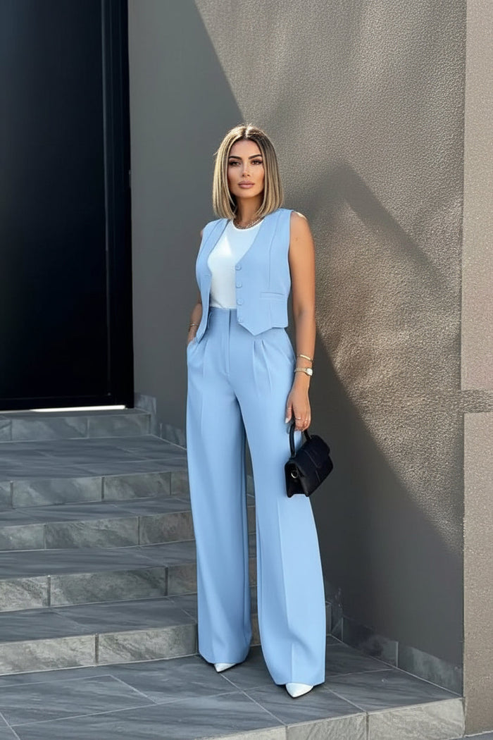 Damski Gilet w Stylu Tailored z Szerokimi Spodniami