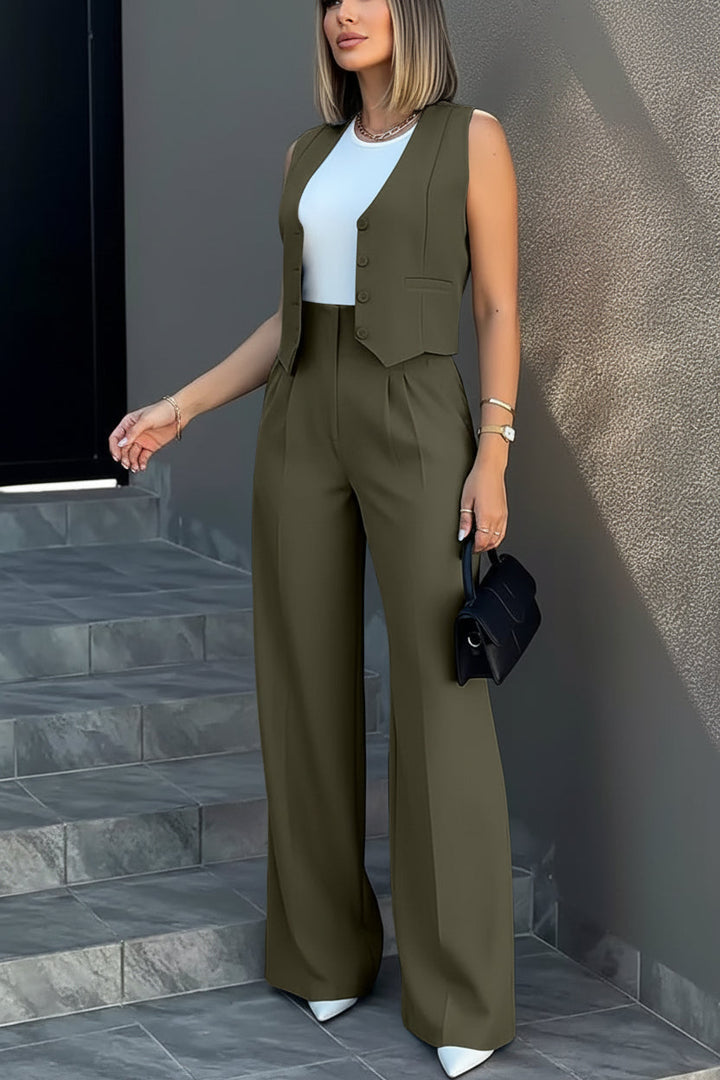Damski Gilet w Stylu Tailored z Szerokimi Spodniami