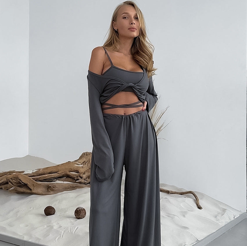 Zestaw Lounge dla Kobiet Trzy Częściowy Top z Zawiązaniem Szerokie Spodnie