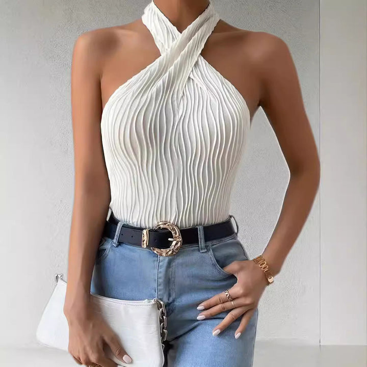 Damska pleciona bluzka na halter z krzyżowym dekoltem, slim fit