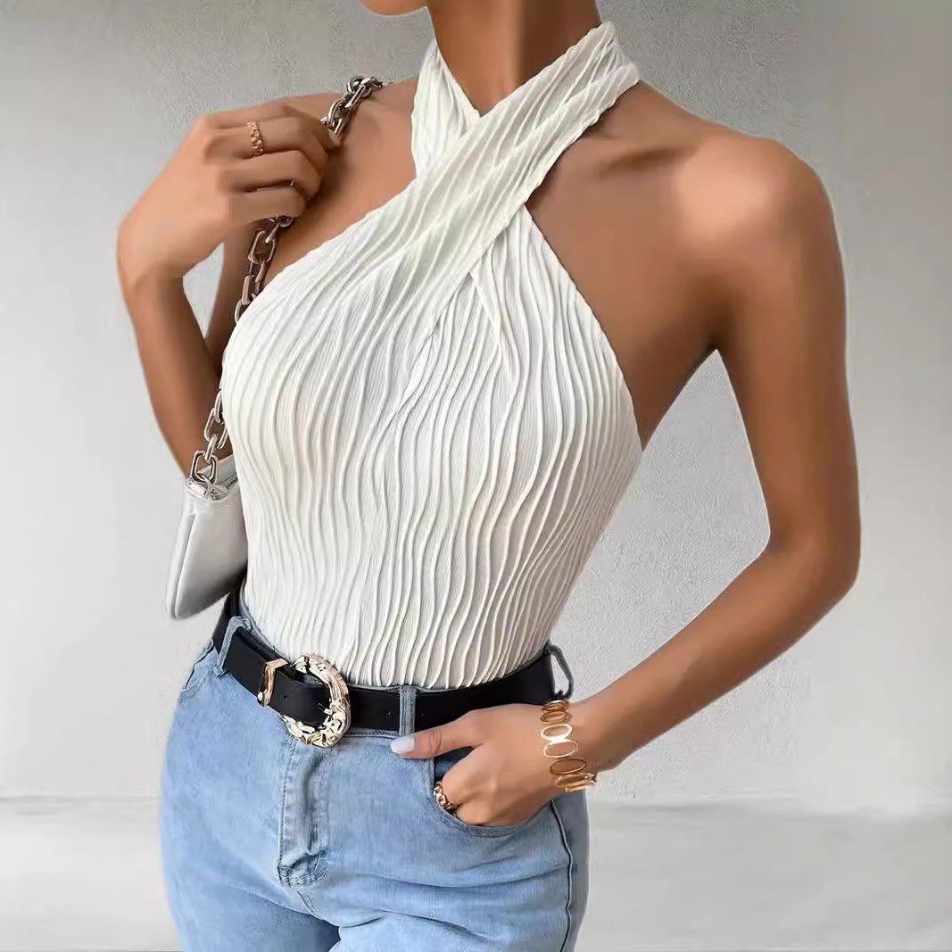 Damska pleciona bluzka na halter z krzyżowym dekoltem, slim fit