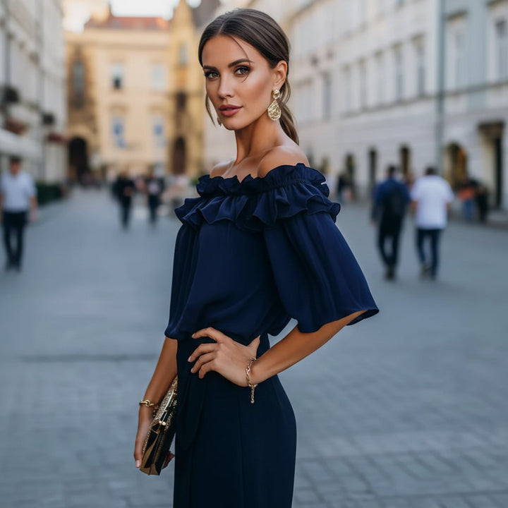 Damska bluzka off shoulder z falbanami, luźna, krótki rękaw