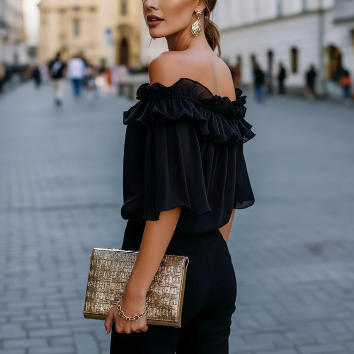 Damska bluzka off shoulder z falbanami, luźna, krótki rękaw