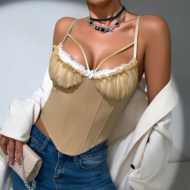 Damski top koronkowy z falbaną, usztywniany bustier