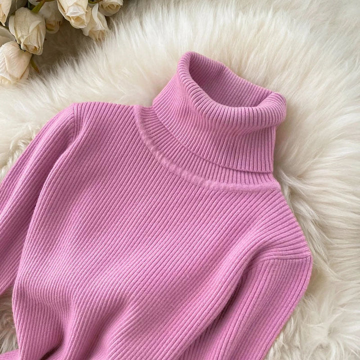 Damska Sukienka Maxi z Żebrowanym Wykończeniem i Golfem – Slim Long Sleeve Style na Jesień i Zimę