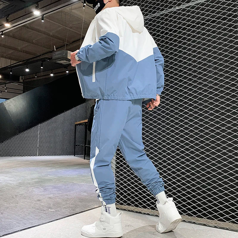 Męski Dwuczęściowy Dres Casual Joggers i Kurtka Sportowa z Kapturem Wygodny Streetwear Hip Hop Strój do Biegania