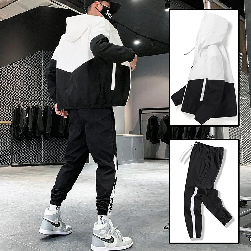 Męski Dwuczęściowy Dres Casual Joggers i Kurtka Sportowa z Kapturem Wygodny Streetwear Hip Hop Strój do Biegania