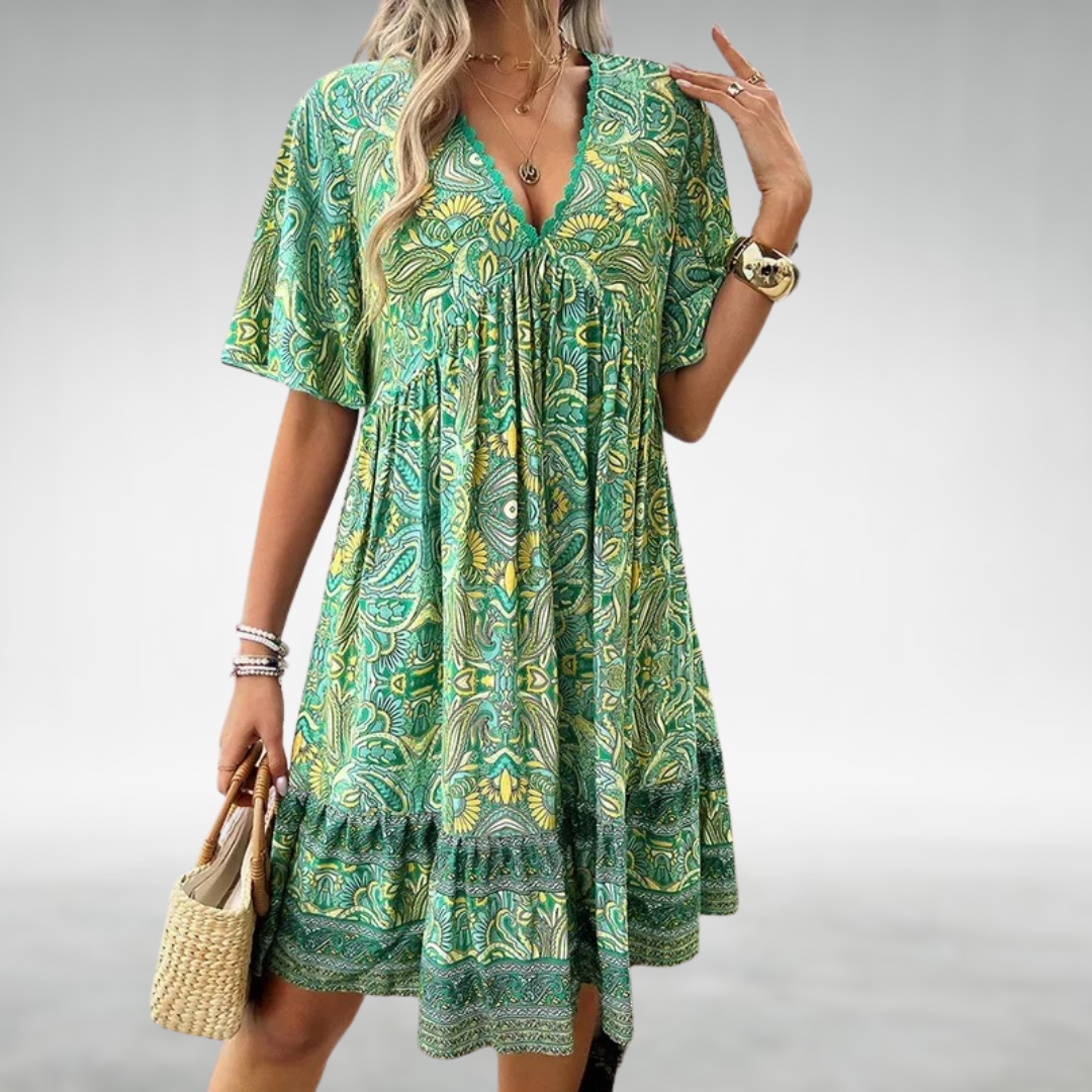 Kobiece Wzorzyste Boho Mini Sukienka – Lekki, Luźny Styl na Lato na Wakacje i Wydarzenia