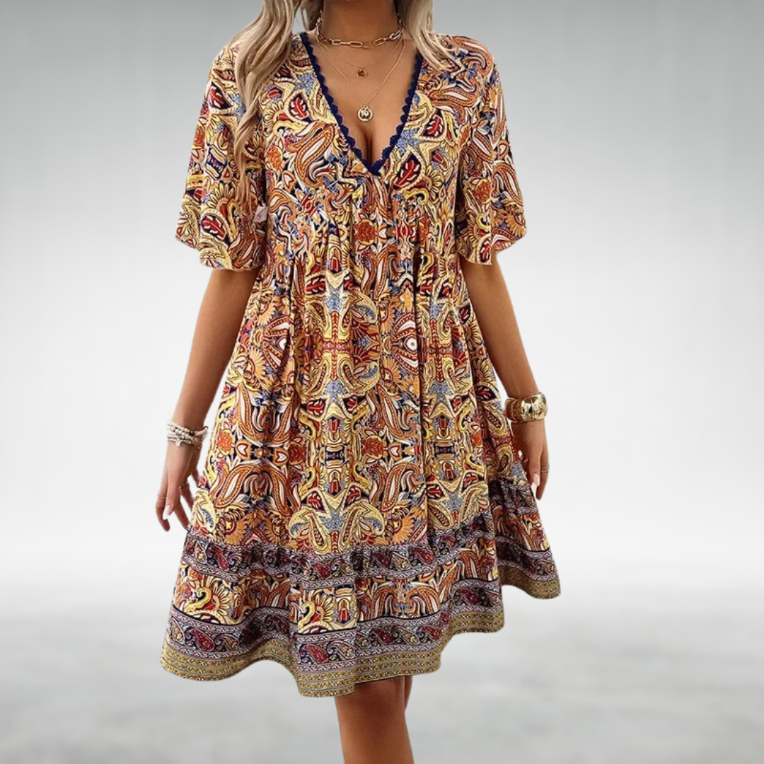 Kobiece Wzorzyste Boho Mini Sukienka – Lekki, Luźny Styl na Lato na Wakacje i Wydarzenia