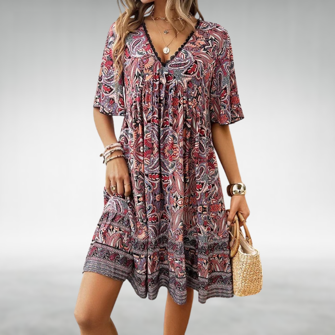 Kobiece Wzorzyste Boho Mini Sukienka – Lekki, Luźny Styl na Lato na Wakacje i Wydarzenia