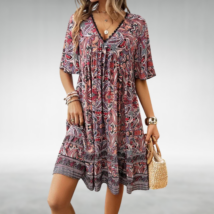 Kobiece Wzorzyste Boho Mini Sukienka – Lekki, Luźny Styl na Lato na Wakacje i Wydarzenia