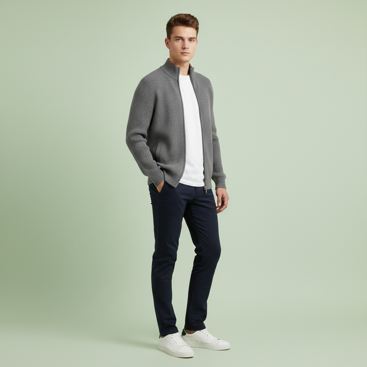 Męski kardigan na zamek z stójką – Slim-Fit, żebrowany dzianina do biura i na weekend