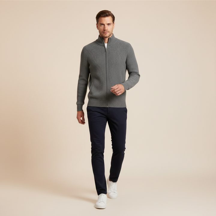 Męski kardigan na zamek z stójką – Slim-Fit, żebrowany dzianina do biura i na weekend