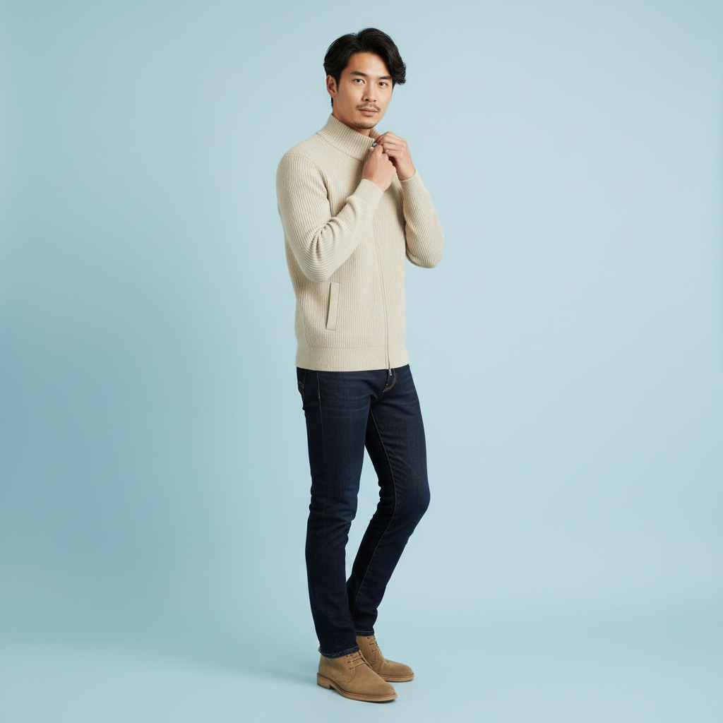 Męski kardigan na zamek z stójką – Slim-Fit, żebrowany dzianina do biura i na weekend