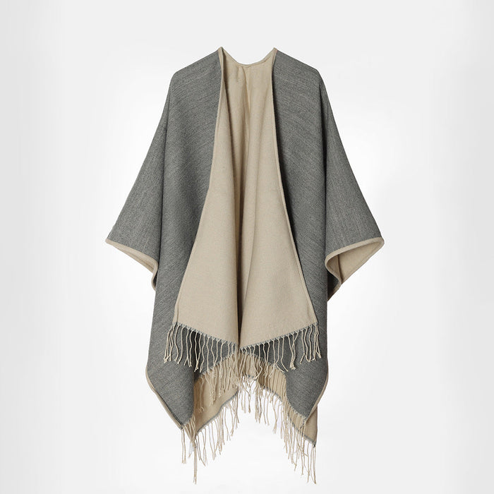 Dwuwarstwowe Damskie Cape z Frędzlami Oversize
