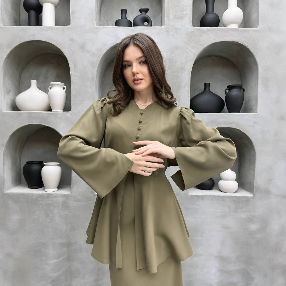 Sukienka maxi z peplum i rękawami – elegancki zestaw dwuczęściowy