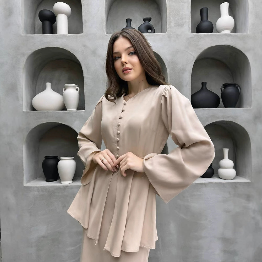 Sukienka maxi z peplum i rękawami – elegancki zestaw dwuczęściowy