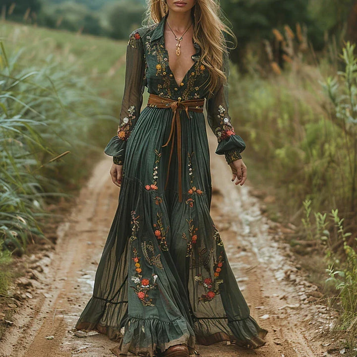 Sukienka Maxi Boho z Haftem dla Kobiet z Przezroczystymi Rękawami w Stylu Wieczorowym