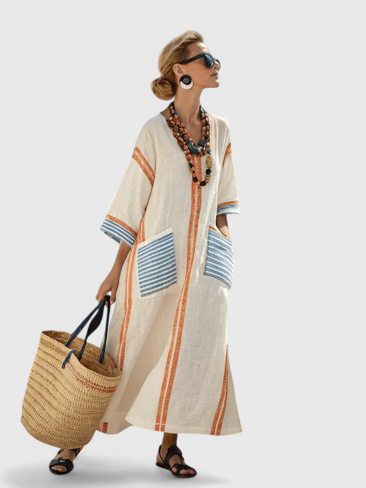 Damska Oversized Striped Kaftan Sukienka Maxi z Dekoltem w Szpic