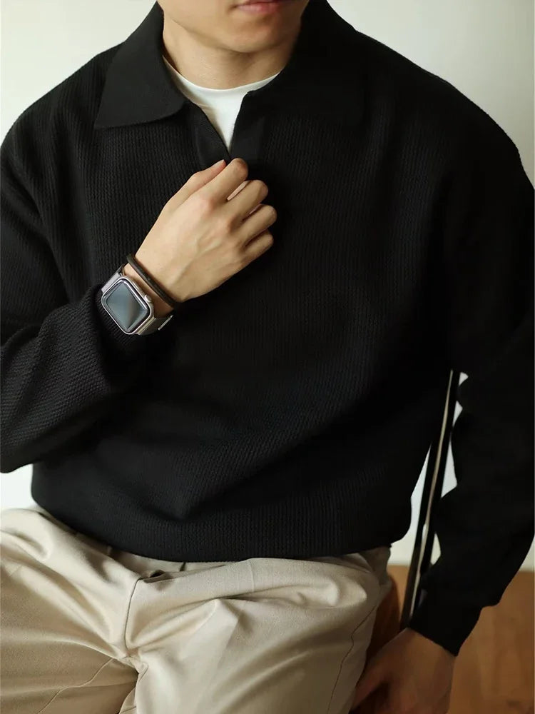 Męski sweter polo – elegancki, oddychający, wygodny, smart casual, z długim rękawem